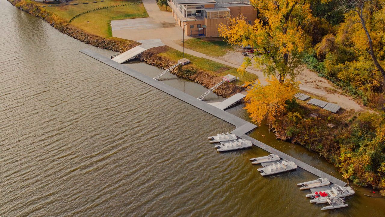 floating rowing dock at University of Kansas boathouse